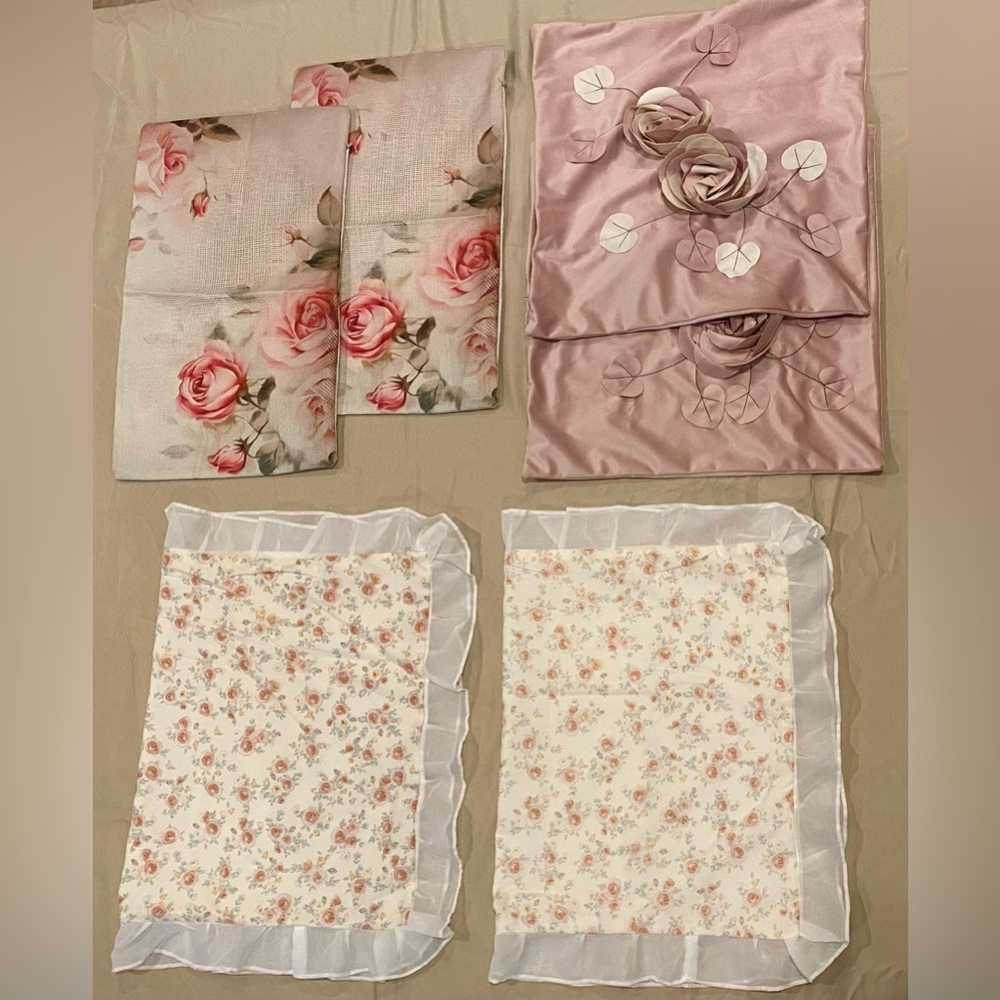 NWT Cream/Pink Floral Pillowcase Sets W/Textured Accents and Ruffles - Lot of 6